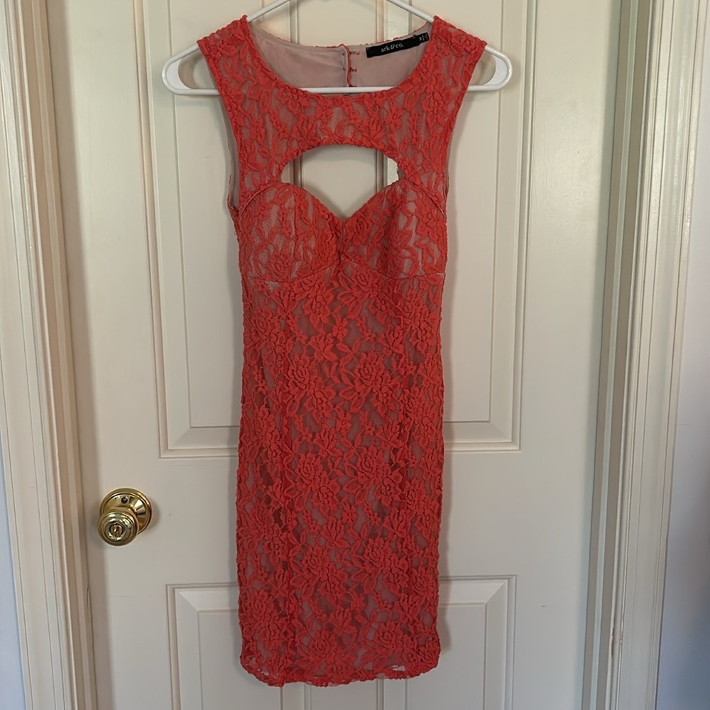 Coral lace dress with open back- size M